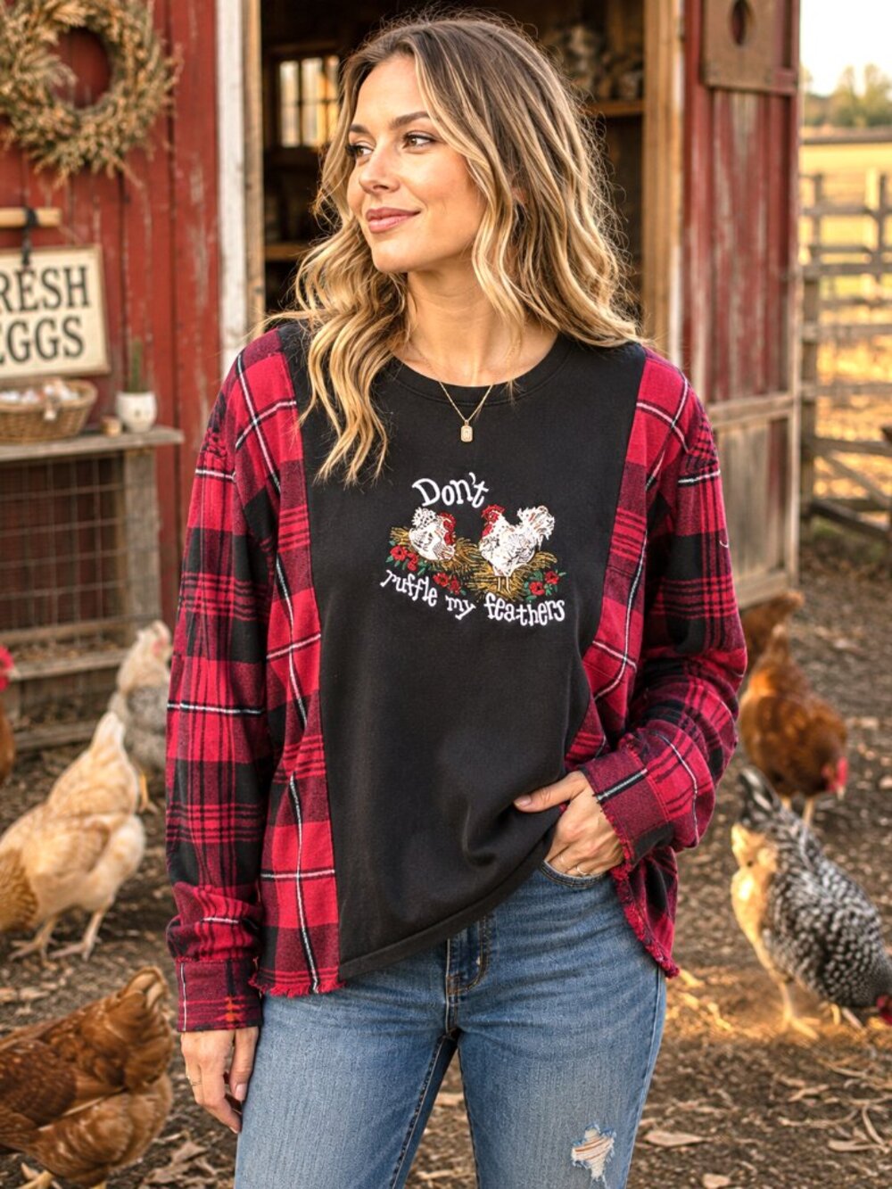 Upcycled Flannel Tee, Reworked Oversized Chickens Graphic Pullover Size S - M